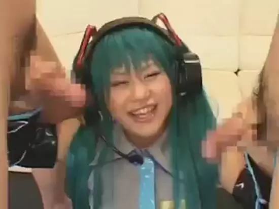 Green haired Japanese girl takes two cock to suck and gets